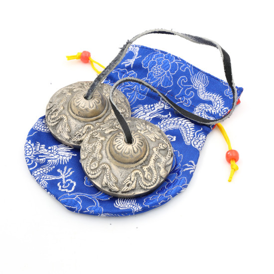 Timbales tibétaines en laiton motif Dragons - 60 mm - 169 gr