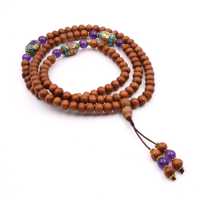 Collier mâlâ en bois de santal, améthyste et perle tibétaine