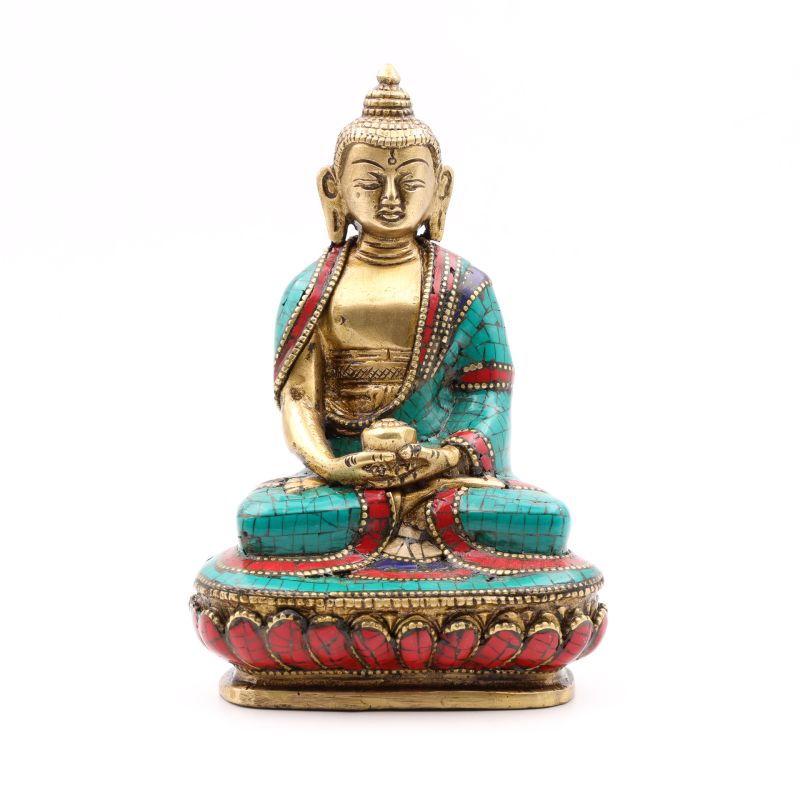 Statue du bouddha Amitabha en laiton, turquoise et corail - 14 cm