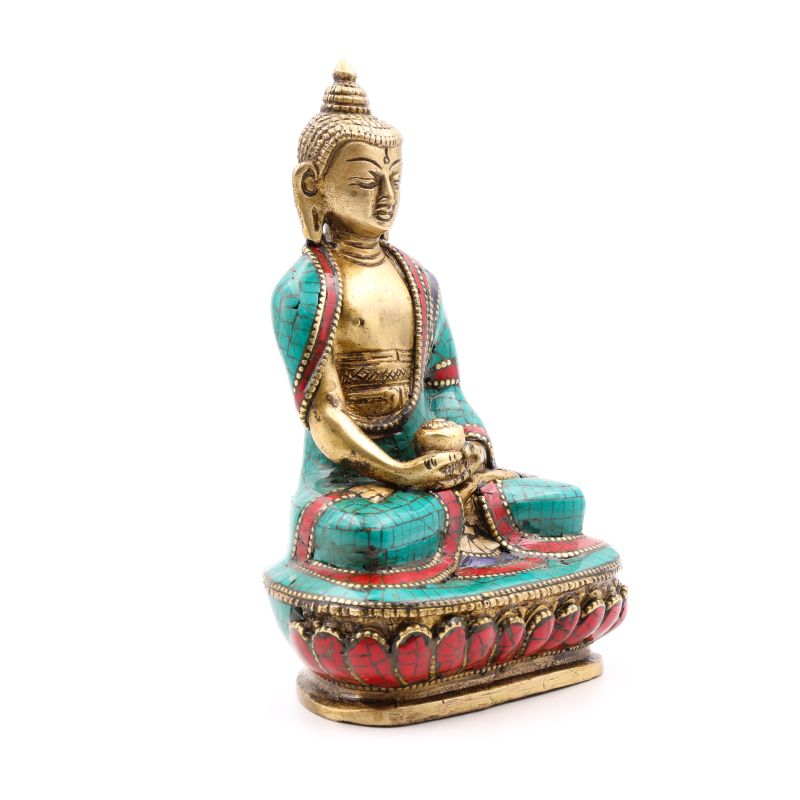 Statue du bouddha Amitabha en laiton, turquoise et corail - 14 cm