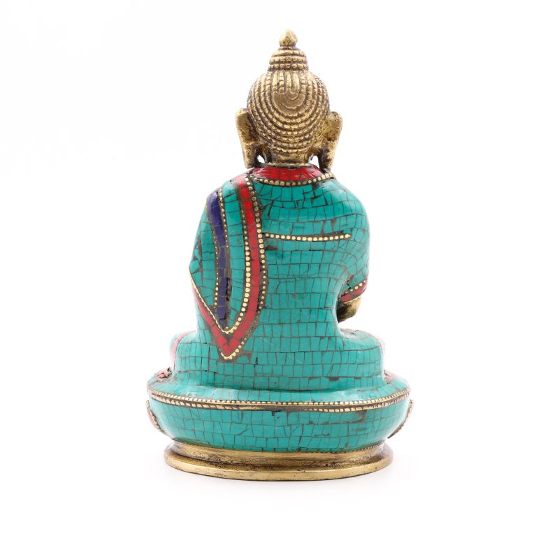 Statue du bouddha Amitabha en laiton, turquoise et corail - 14 cm