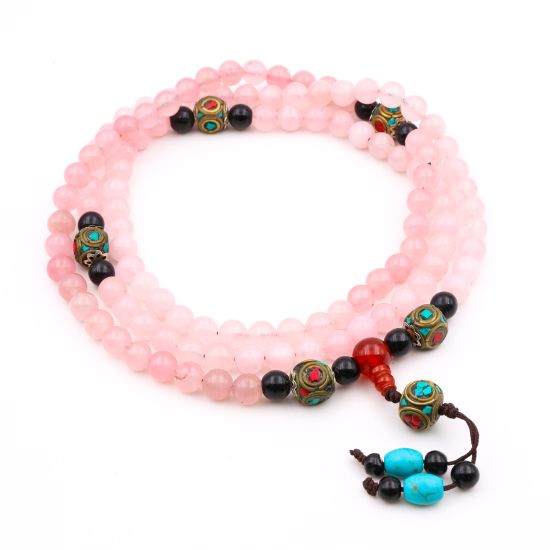 Collier mala tibétain en pierre quartz rose