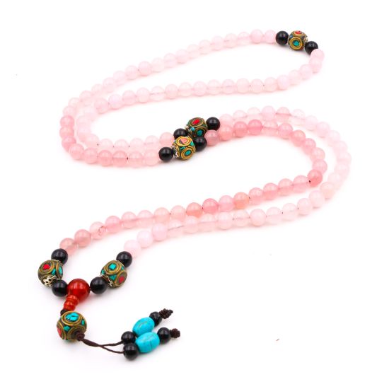 Collier mala tibétain en pierre quartz rose