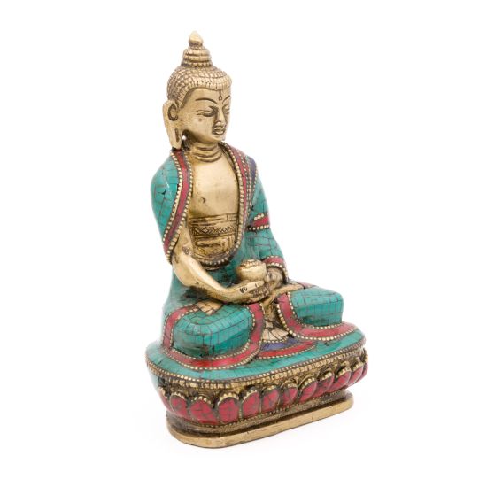 Statue du bouddha Amitabha en laiton, turquoise et corail - 14 cm