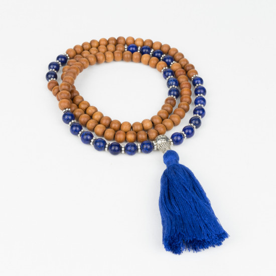 Collier mâlâ tibétain en bois de santal et pierre lapis-lazuli