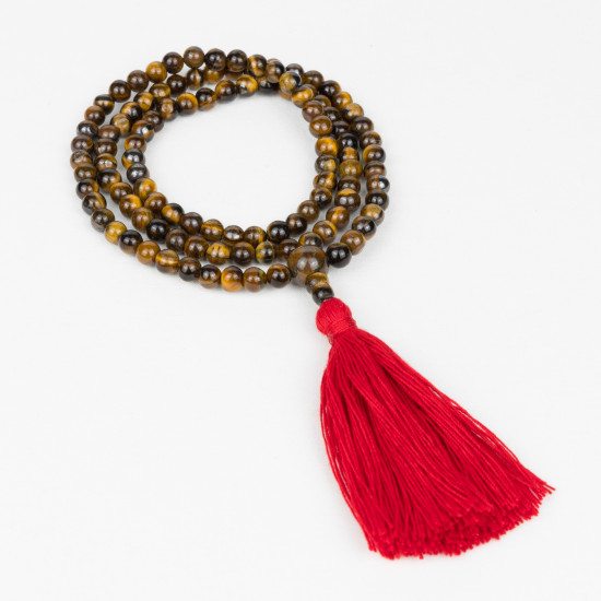 Collier mala tibétain en pierre oeil de tigre avec pompon rouge