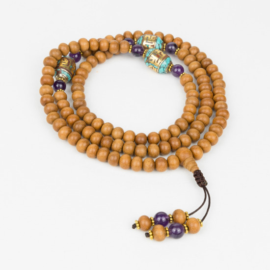 Collier mâlâ en bois de santal, améthyste et perle tibétaine