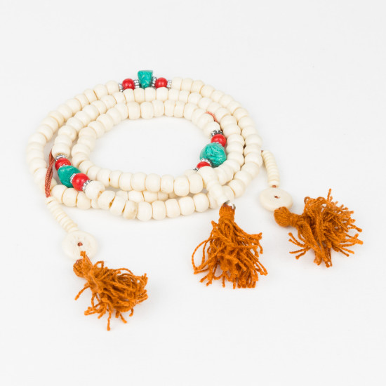 Mala tibétain traditionnel en os de buffle de couleur blanche