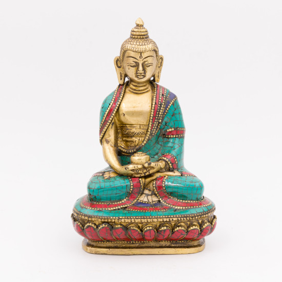 Statue du bouddha Amitabha en laiton, turquoise et corail - 14 cm