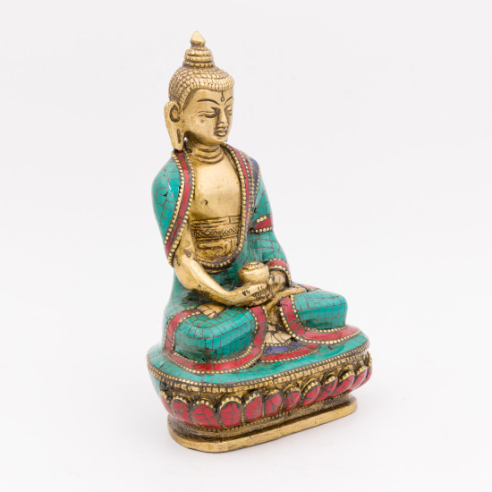 Statue du bouddha Amitabha en laiton, turquoise et corail - 14 cm