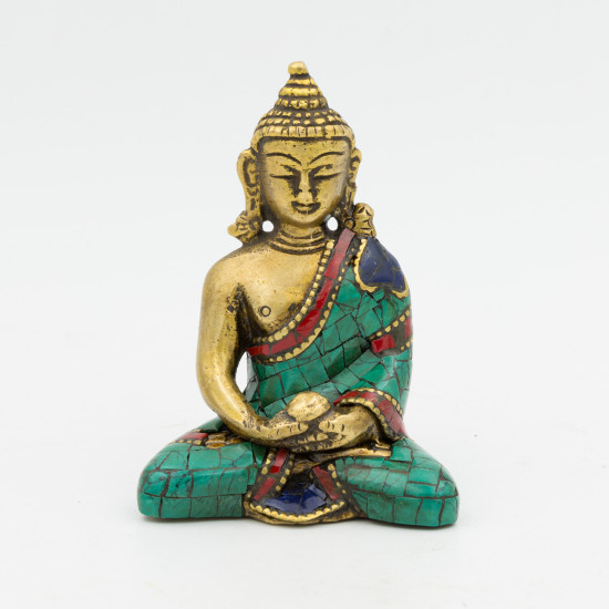 Bouddha Amitabha en laiton, turquoise et corail - 7,5 cm