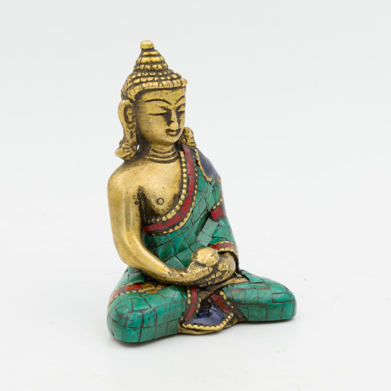 Bouddha Amitabha en laiton, turquoise et corail - 7,5 cm