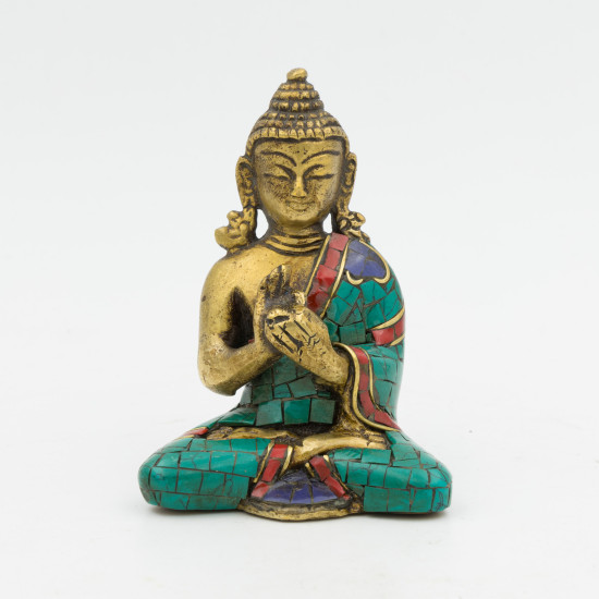 Bouddha Vairocana en laiton, turquoise et corail - 7,5 cm