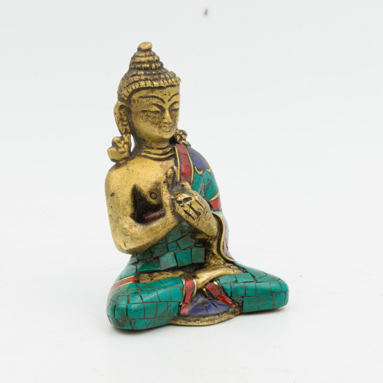 Bouddha Vairocana en laiton, turquoise et corail - 7,5 cm