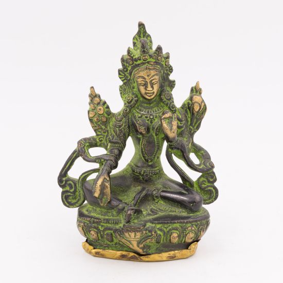 Petite statue de Tara verte en laiton noir - 11 cm