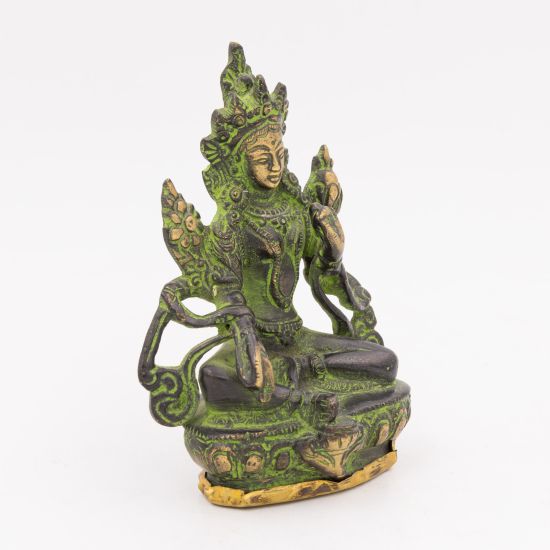 Petite statue de Tara verte en laiton noir - 11 cm